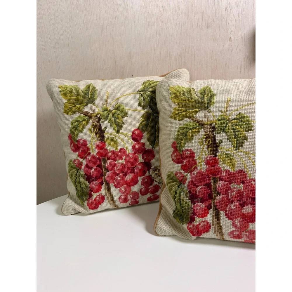 Needlepoint Throw Pillows Set of 2 14x14 Cream Red Excellent Botanical